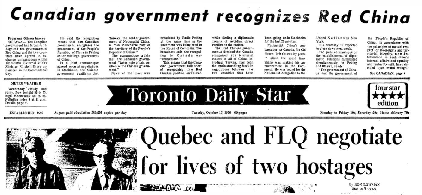 Toronto Star newspaper headline from October 13, 1970.
