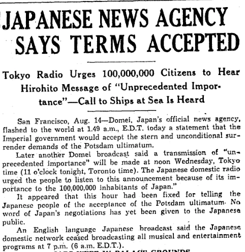 Toronto Star reports Japan's surrender - August 14, 1945.