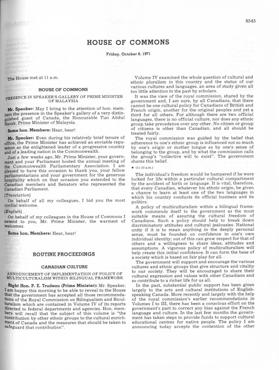 Library and Archives Canada. Canada. Parliament. House of Commons. Debates, 28th Parliament, 3rd Session, Volume 8 (8 October 1971): 8545-8548, Appendix, 8580-8585.