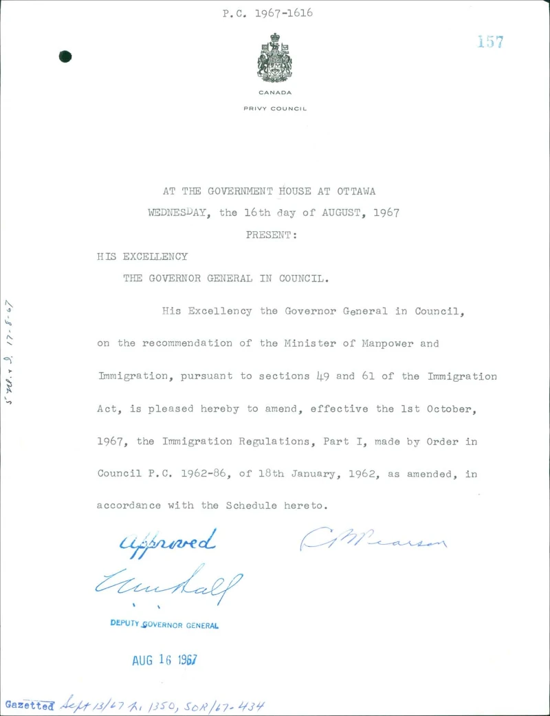 Order-in-Council PC 1967-1616 establishing the points system