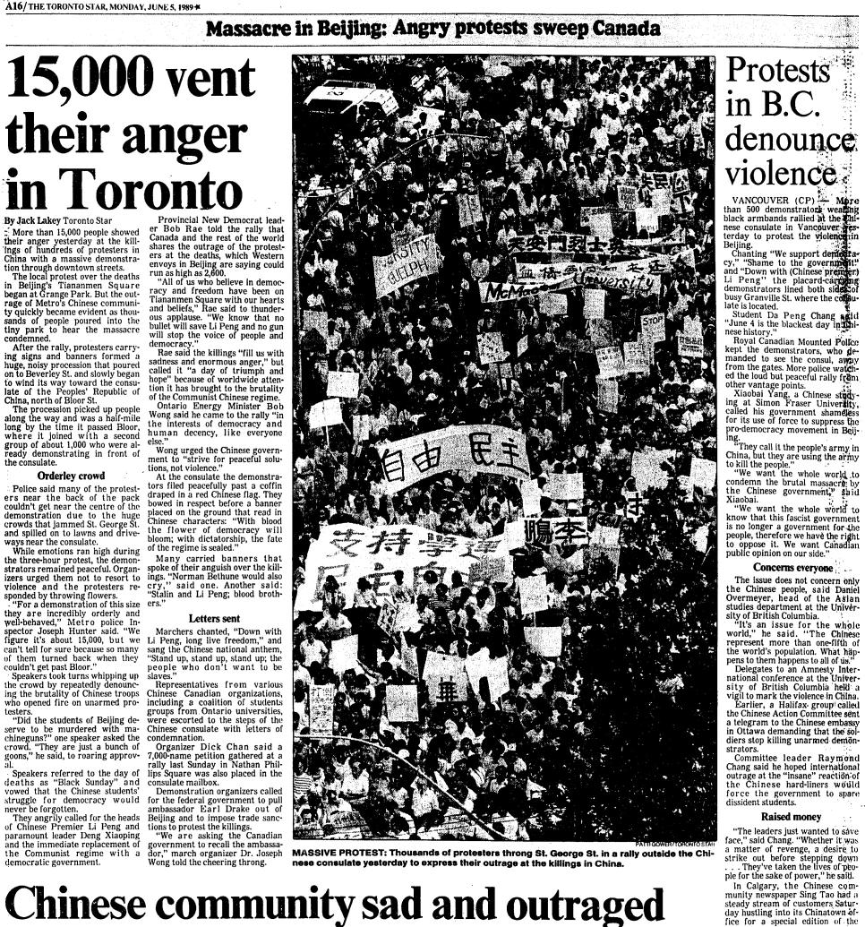 A page from the Toronto Star reports on Canadian protests in response to the Tiananmen Square incident.