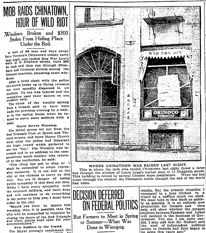 Toronto Star, November 18, 1919, news report on the Chinatown incident