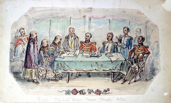 Watercolour sketch related to the First Opium War, attributed to George Cruikshank. (Princeton University)